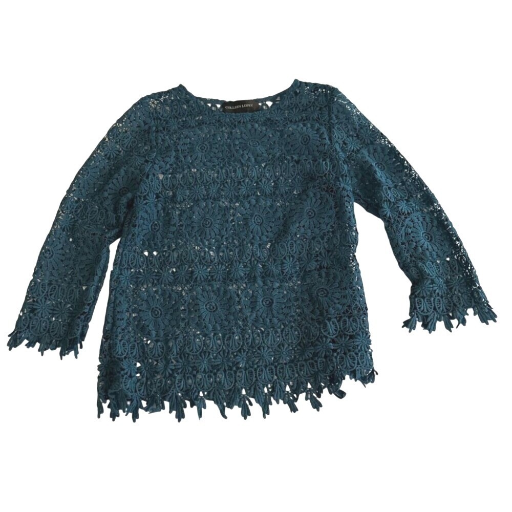 Crochet Lace Blouse Womens Long Sleeve Scalloped Hem Boho Sizeβ S Cottagecore